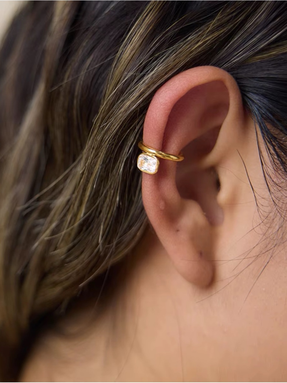 Gold Ear Cuff with Clear Gemstone - Women's Jewelry